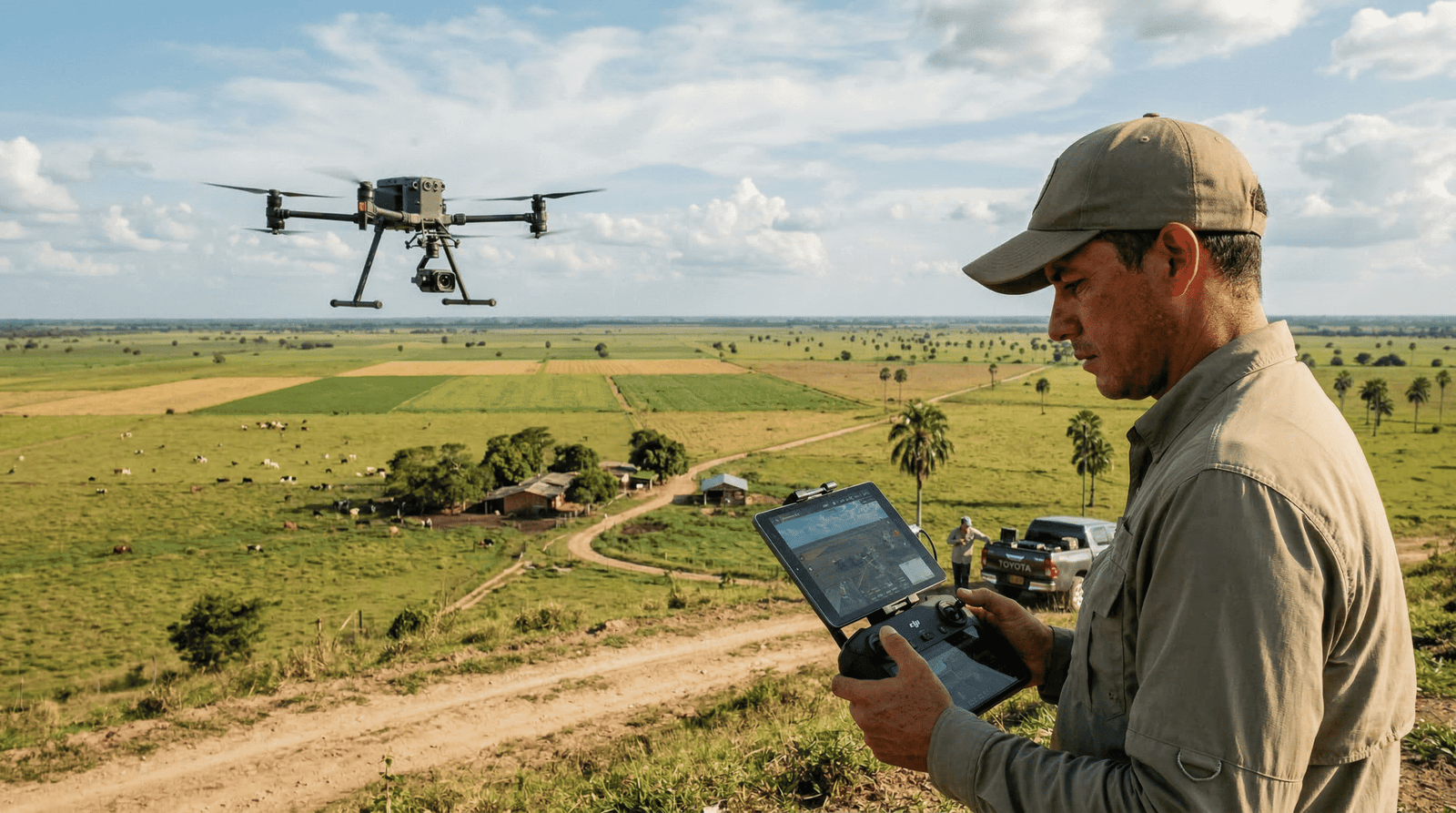 piloto operando un dron mirando una propiedad
